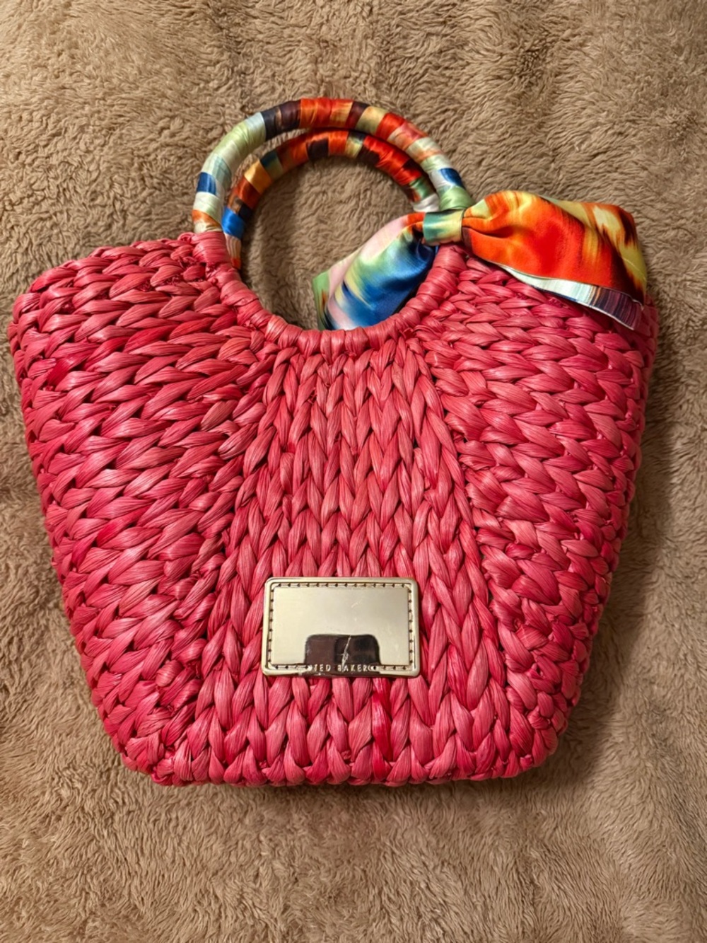 Ted Baker Pink Woven Tote with Multicolor Scarf-Wrapped Handles